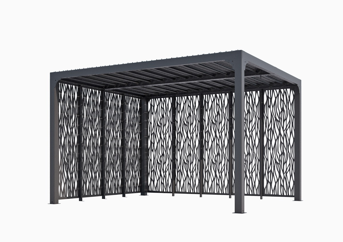 Pergola bioclimatique de 10,80 m2 équipée panneaux moucharabieh sur deux faces