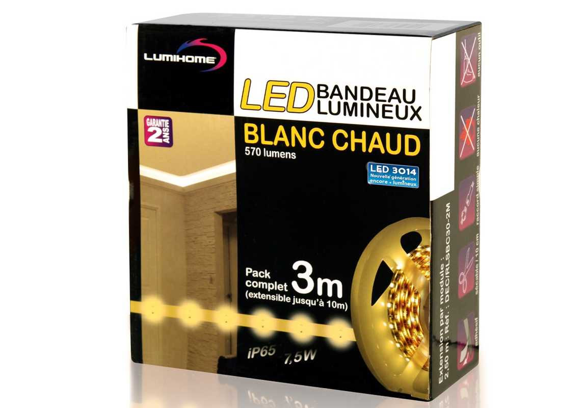 Kit complet strip LED 3 m - 240 lumens/m - Blanc chaud 3500K