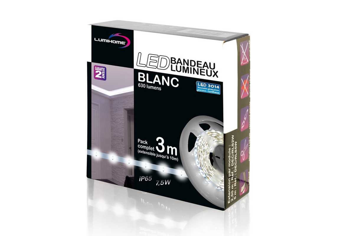 Kit complet strip LED 3 m - 270 lumens/m - Blanc froid 6500K