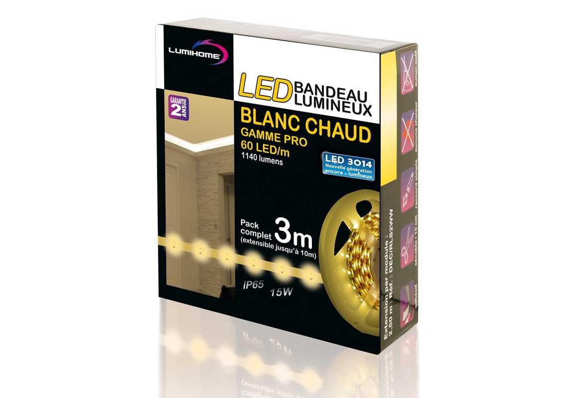 Kit complet strip LED 3 m - 480 lumens/m - Blanc chaud 3500K