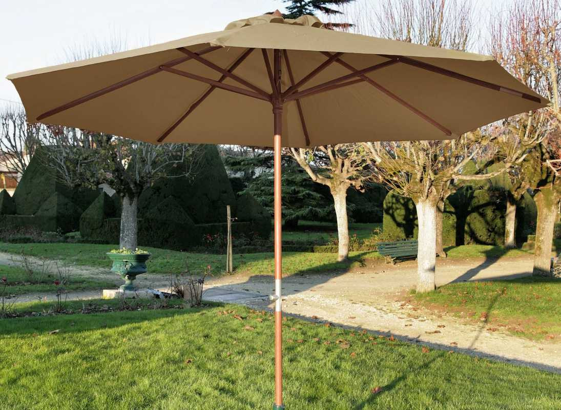 Parasol droit en bois - Diamètre 350 cm - Toile couleur taupe