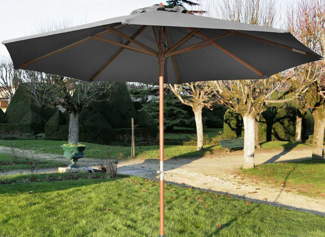 Parasol droit en bois - Diamètre 350 cm - Toile couleur grise