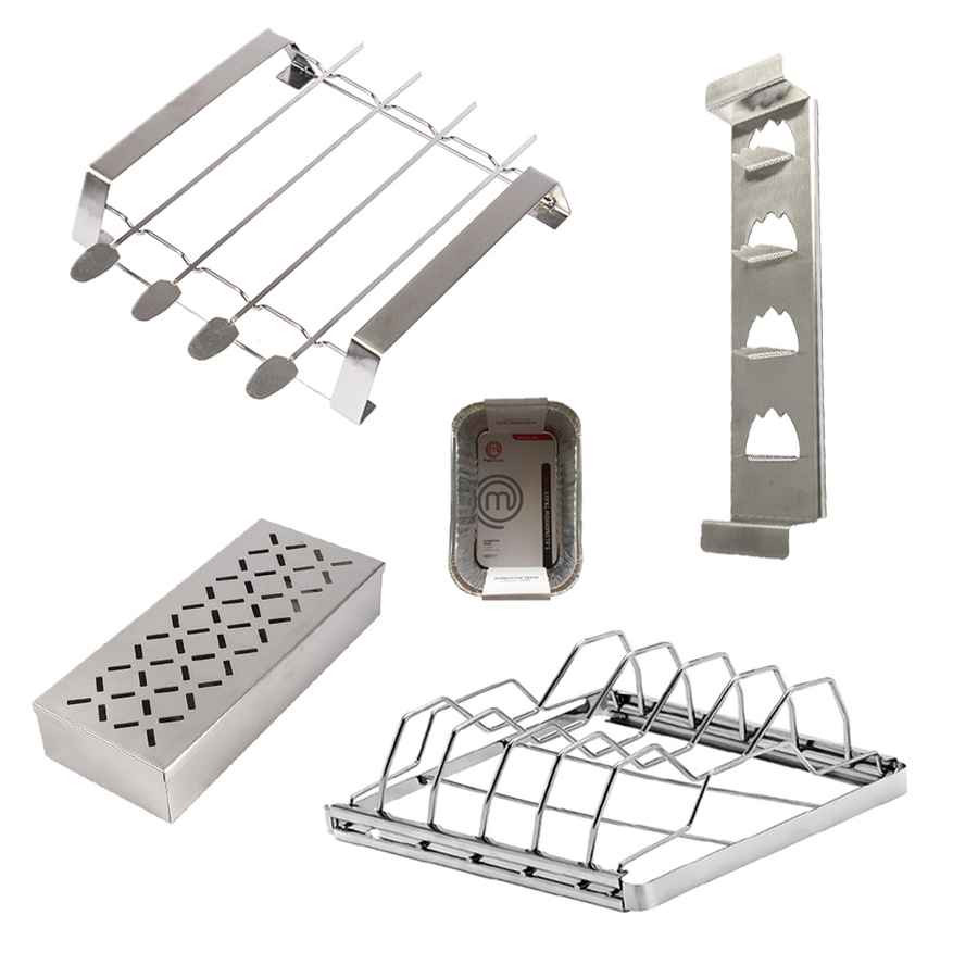 Kit 4 accessoires pour barbecue - Supports - Fumoir - Barquettes alu