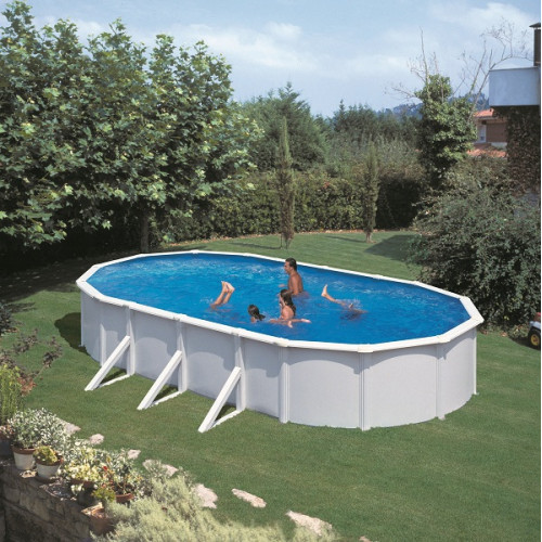 Piscine ovale acier 6,34m x 3,99m x H: 1,22m - Filtration à cartouche - Renfort apparents - GRE POOLS