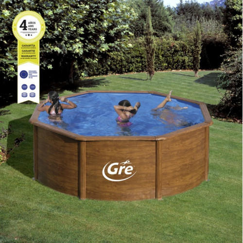 Piscine ronde acier Ø3,20m x H: 1,22m - Imitation bois - Filtration à cartouche - GRE POOLS