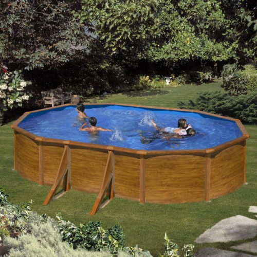 Piscine ovale acier 5,27m x 3,27m x H: 1,22m - Imitation bois - Filtration à cartouche - Renfort apparents - GRE POOLS