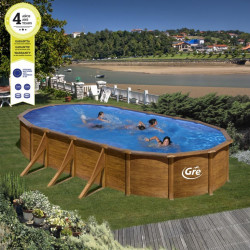 Piscine ovale acier 7,44m x 3,99m x H: 1,22m - Imitation bois - Filtration à sable - Renforts apparents - GRE POOLS