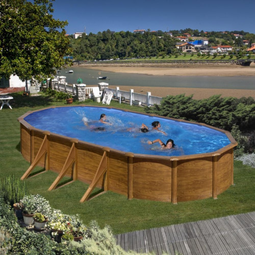 Piscine ovale acier 7,44m x 3,99m x H: 1,22m - Imitation bois - Filtration à sable - Renforts apparents - GRE POOLS