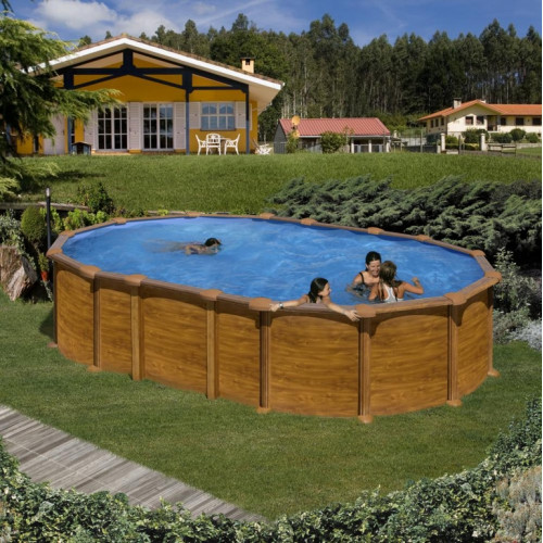 Piscine ovale acier 6,34m x 3,99m x H: 1,32m - Imitation bois - Filtration à sable - SANS Renforts apparents - GRE POOLS