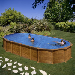 Piscine ovale acier 7,44m x 3,99m x H: 1,32m - Imitation bois - Filtration à sable - SANS Renforts apparents - GRE POOLS