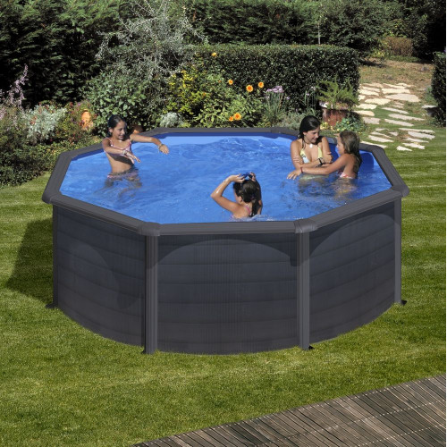 Piscine ronde acier Ø3,70m x H: 1,22m -  Gris anthracite - Filtration à sable - GRE POOLS