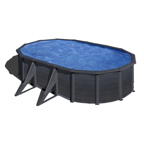 Piscine ovale acier 5,27m x 3,27m x H: 1,22m -  Gris anthracite - Filtration à sable - Renfort apparents - GRE POOLS