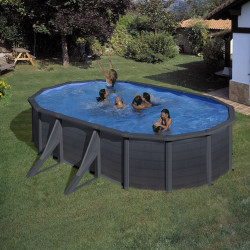 Piscine ovale acier 5,27m x 3,27m x H: 1,22m -  Gris anthracite - Filtration à sable - Renfort apparents - GRE POOLS