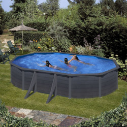 Piscine ovale acier 6,34m x 3,99m x H: 1,22m -  Gris anthracite - Filtration à sable - Renfort apparents - GRE POOLS