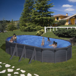 Piscine ovale acier 7,44m x 3,99m x H: 1,22m -  Gris anthracite - Filtration à sable - Renforts apparents - GRE POOLS