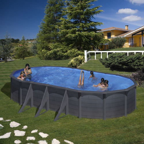 Piscine ovale acier 7,44m x 3,99m x H: 1,22m -  Gris anthracite - Filtration à sable - Renforts apparents - GRE POOLS