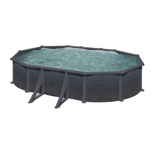 Piscine ovale acier 5,27m x 3,27m x H: 1,32m  - Gris anthracite - Filtration à sable - Renforts apparents - GRE POOLS