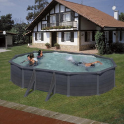 Piscine ovale acier 6,34m x 3,99m x H: 1,32m  - Gris anthracite - Filtration à sable - Renforts apparents - GRE POOLS