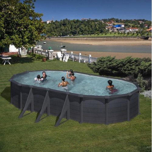 Piscine ovale acier 7,44m x 3,99m x H: 1,32m  - Gris anthracite - Filtration à sable - Renforts apparents - GRE POOLS
