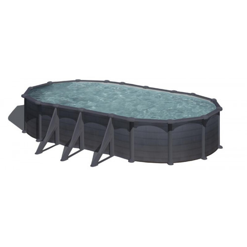 Piscine ovale acier 7,44m x 3,99m x H: 1,32m  - Gris anthracite - Filtration à sable - Renforts apparents - GRE POOLS