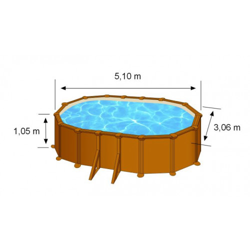 Piscine ovale acier 5,27m x 3,27m x H: 1,22m - Imitation bois - Filtration à sable - Renfort apparents - GRE POOLS