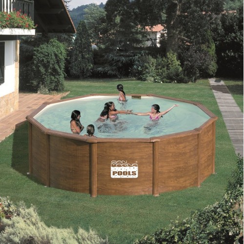 Piscine ronde acier Ø4,80m x H: 1,22m - Imitation bois - Filtration à sable - GRE POOLS