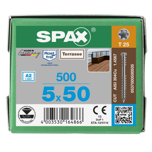 500 Vis Torx autoforeuse 5x50 Spax-deck inox A2 - Terrasse bois éxotique - SPAX