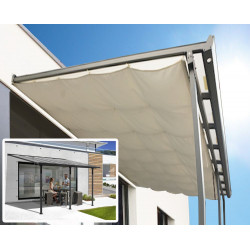 Toit terrasse Alu gris anthracite - S.h.t. 12,83 m² - rideau d'ombrage extensible écru - toile polyester 130 gr/m² - HABRITA