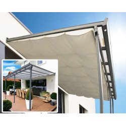 Toit terrasse Alu gris - S.h.t. 15,38 m² - rideau d'ombrage extensible écru - toile polyester 130 gr/m131 - HABRITA