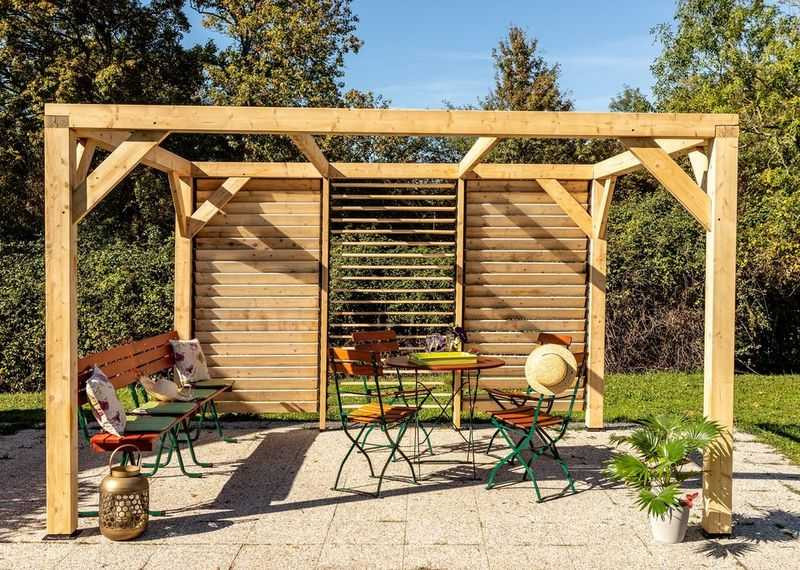 Auvent VENETO bois avec ventelles mur - S.h.t. : 10,57 m2 - dimensions 3,39 m x 3,12 m