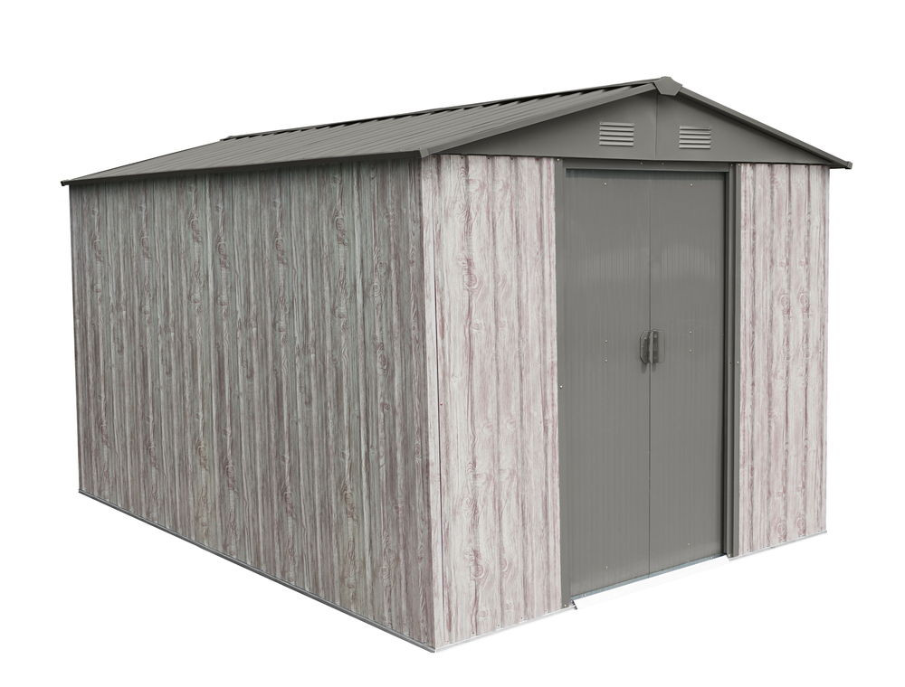 Abri métal 7,15m² WoodTouch - acier galvanisé - kit d'ancrage - aspect bois
