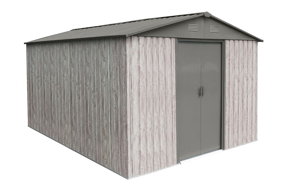 Abri métal 9,12m² WoodTouch - acier galvanisé - kit d'ancrage - aspect bois