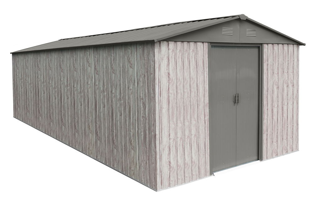 Abri métal 13,6m² WoodTouch - acier galvanisé - kit d'ancrage - aspect bois