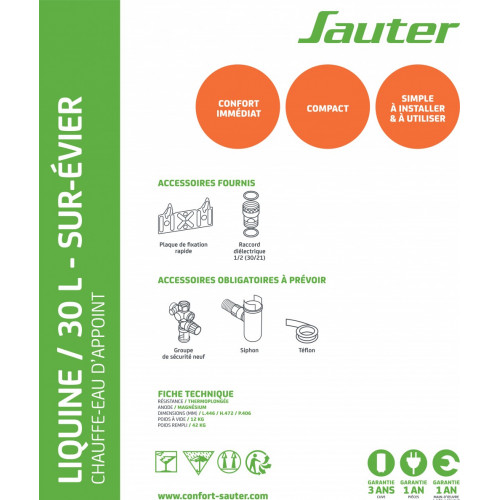 Chauffe-eau électrique sur évier SAUTER Liquine, 30 l - SAUTER