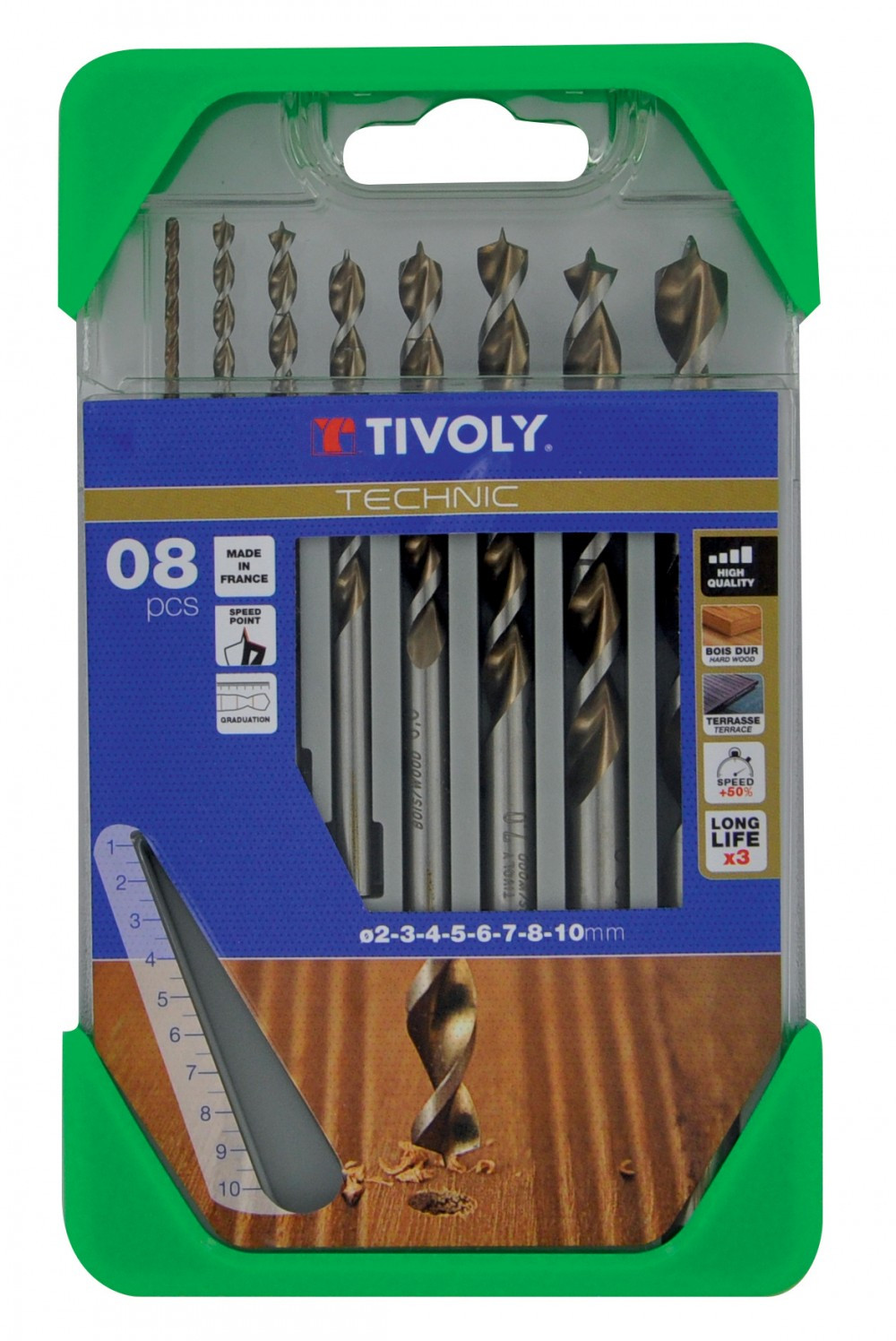 Coffret de 8 forets à bois gradués Technic diamètre 234567810mm