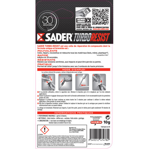 Colle réparation Turbo resist SADER, 10 g - Sader