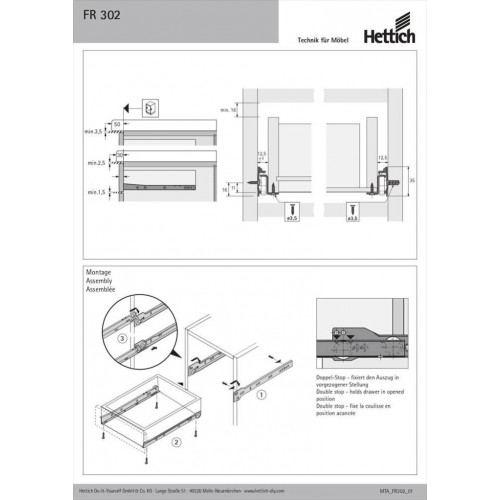 Coulisse pour tiroir à galets, HETTICH 12 kg L.50 cm - HETTICH