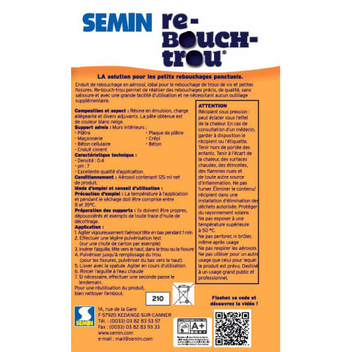 Enduit de rebouchage SEMIN Spray 125 ml en pâte allégée, pour mur intérieur - SEMIN