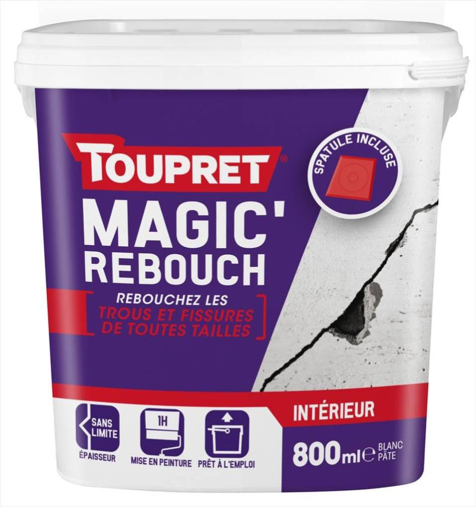 Enduit de rebouchage TOUPRET + spatule 800ml en pâte allégée pour mur et plafond