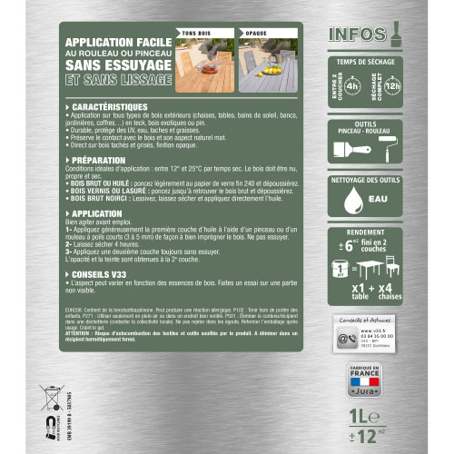 Huile V33 Protection mobilier opaque gris cendré mat, 1 l - V33