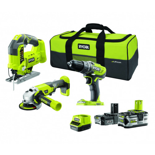 RYOBI Kit 3 outils RYOBI ONE+, perceuse sf+meuleuse+s.sauteuse, 18V