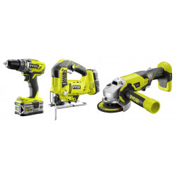 Kit 3 outils RYOBI ONE+, perceuse sf+meuleuse+s.sauteuse, 18V 5Ah, 2 batteries - RYOBI