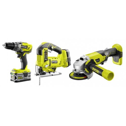 Kit 3 outils RYOBI ONE+, perceuse sf+meuleuse+s.sauteuse, 18V 5Ah, 2 batteries - RYOBI