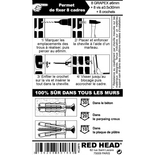 kit chevilles à expansion cadre, miroir et tableau RED HEAD, Diam.6 x L.25 mm - Red head