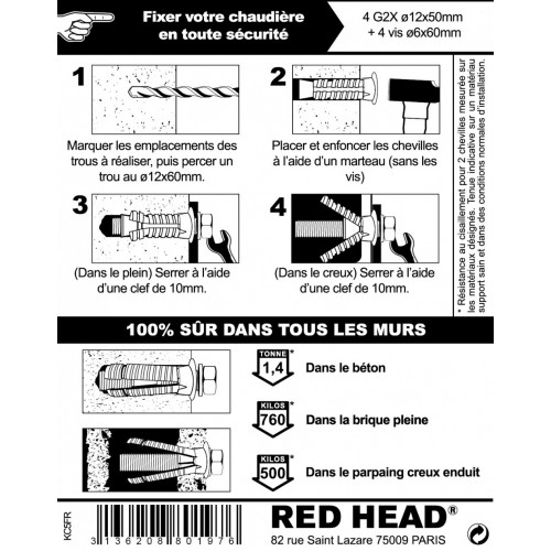 kit chevilles à expansion chaudière murale RED HEAD, Diam.12 x L.50 mm - Red head