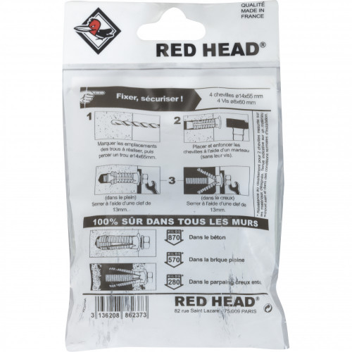 kit chevilles à expansion coffre fort RED HEAD, Diam.14 x L.55 mm - Red head