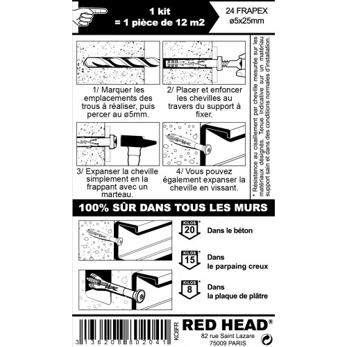 kit chevilles à expansion goulotte et plinthe RED HEAD, Diam.5 x L.25 mm - Red head