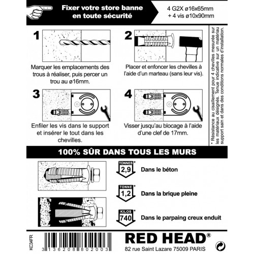 kit chevilles à expansion store de terrasse RED HEAD, Diam.16 x L.65 mm - Red head
