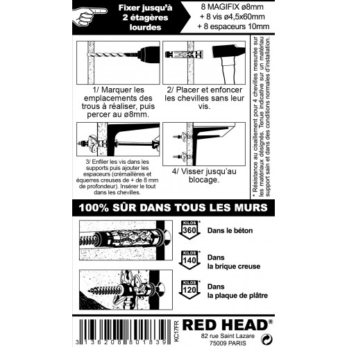 kit chevilles à verrouillage de forme etagère lourde RED HEAD, Diam.8 x L.50 mm - Red head