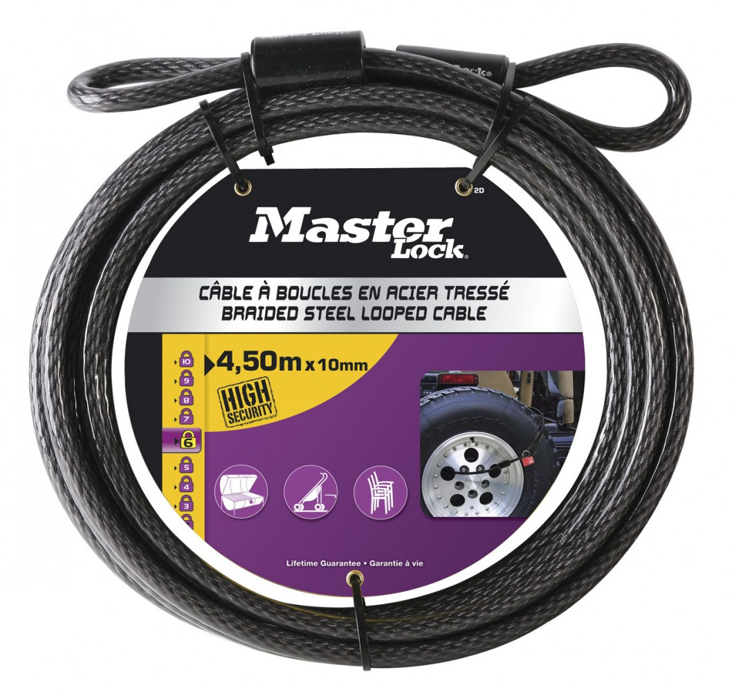 Câble Antivol Master Lock 8271 - 4.5m Avec Cadenas à Clé - Acier Torsadé 10mm